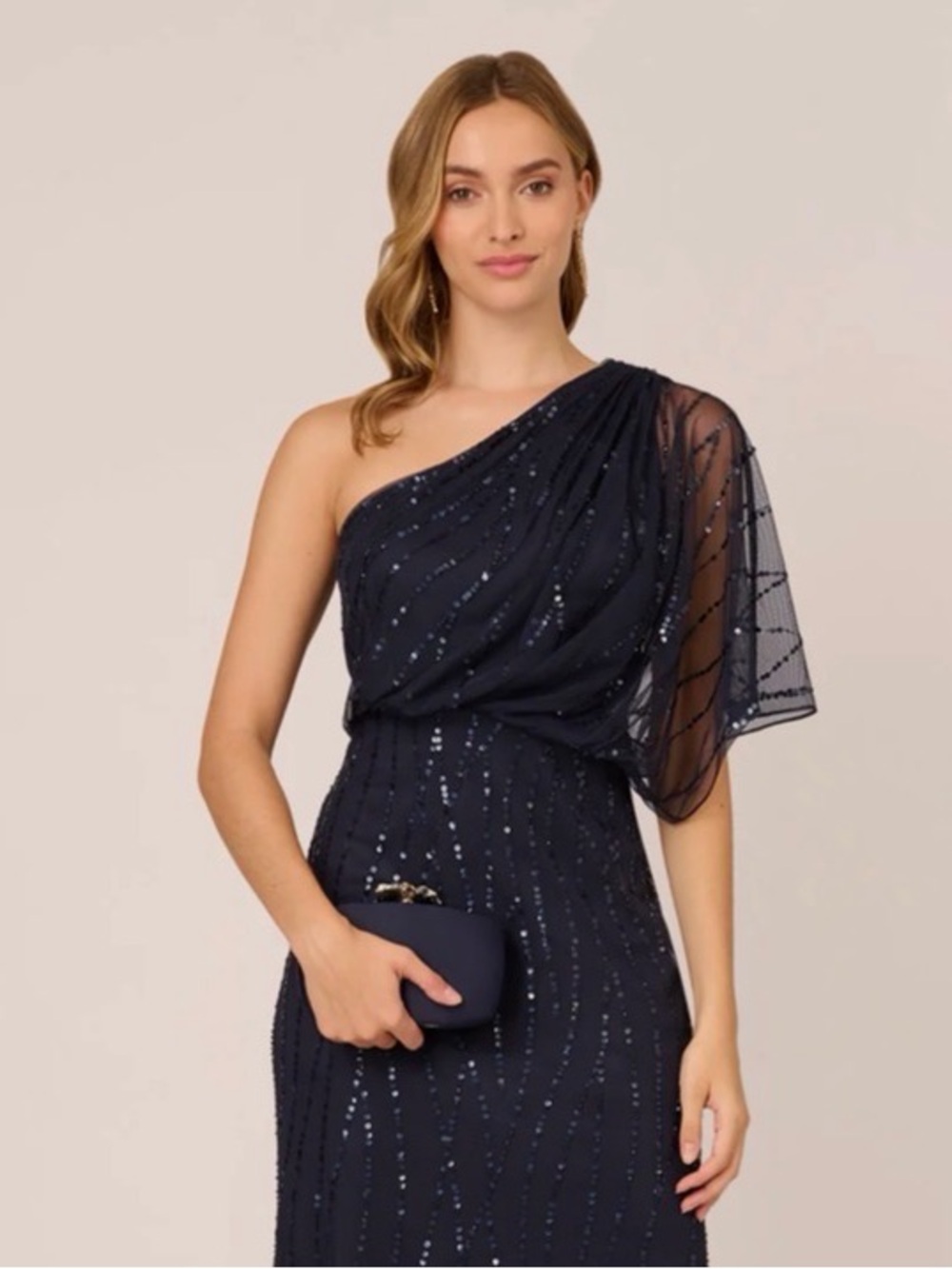 Adrianna Papell Draped One Shoulder Mini Dress with Sequin Detail in dusty navy.